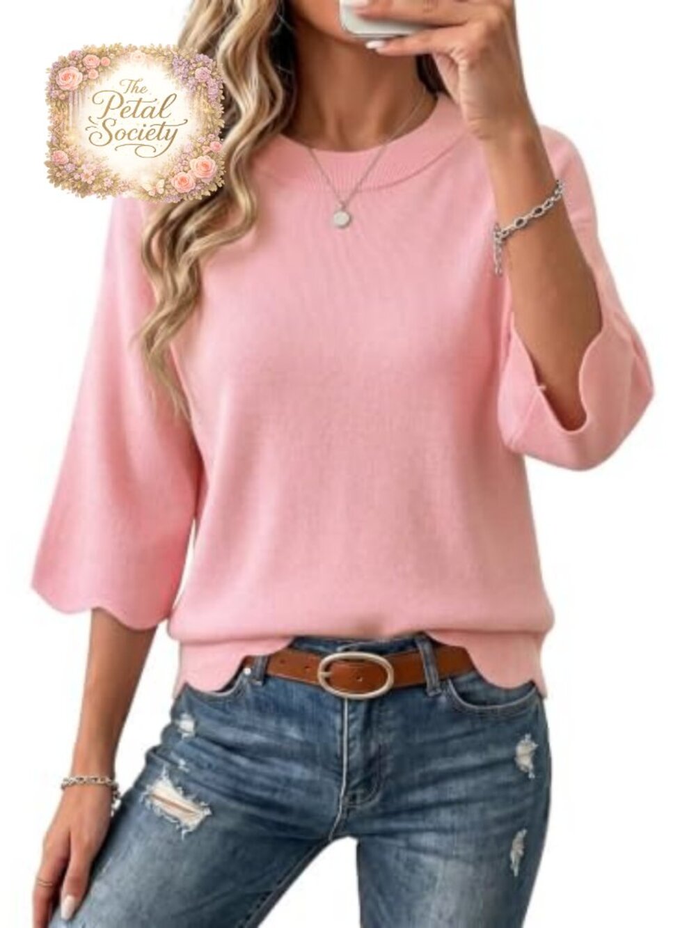 Dokotoo Womens Oversized 3/4 Sleeve Crewneck Scalloped Hem Knit Sweater Top